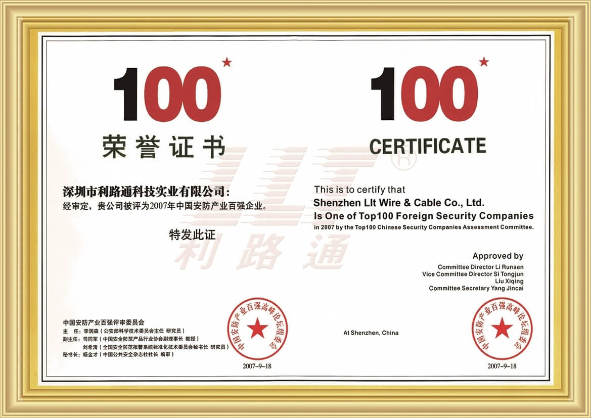 Honorary certificate of top 100 enterprises in China's security industry