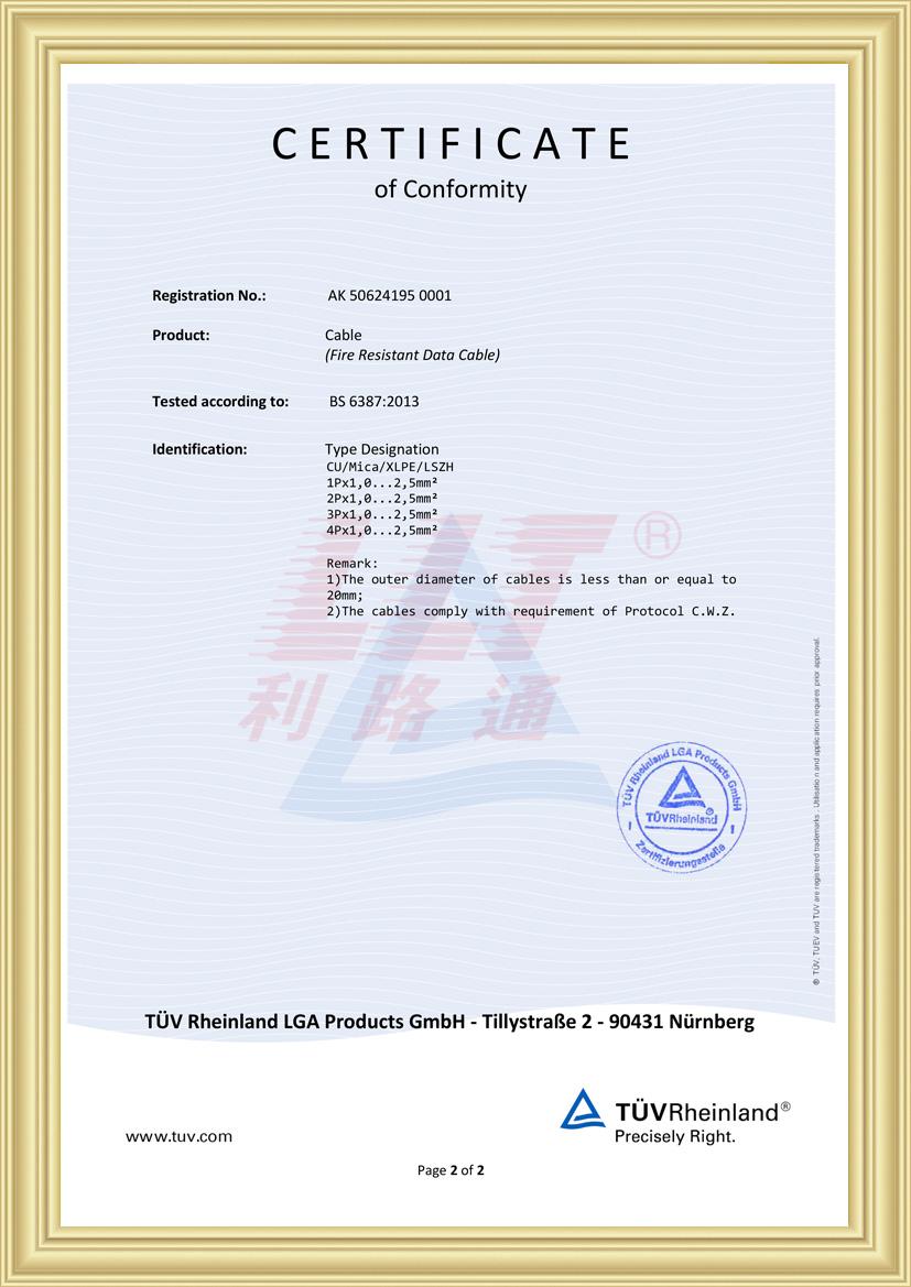 Fire cable TUV certification certificate AK 50624195 0001-1